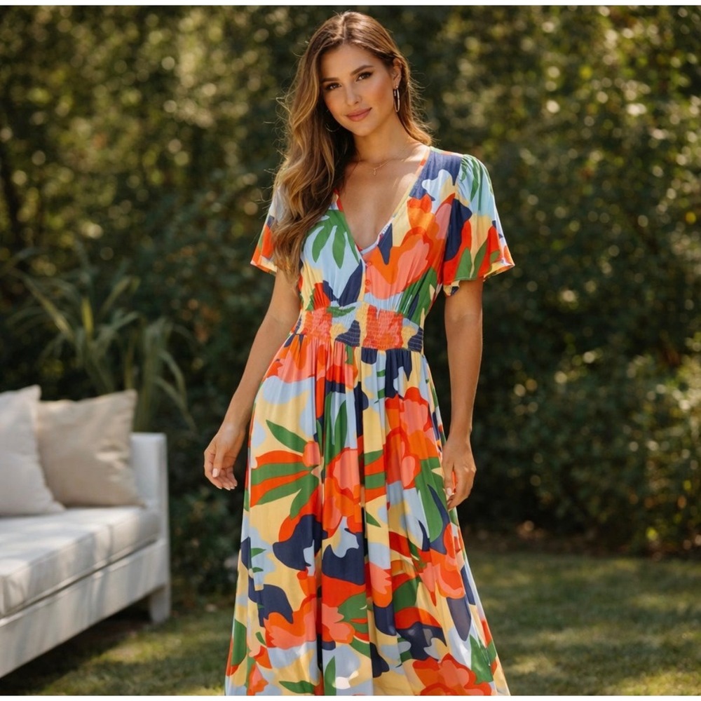 Abel‎ the Label Tropical Floral Maxi Dress X-Small Spring Beach Vacation Summer